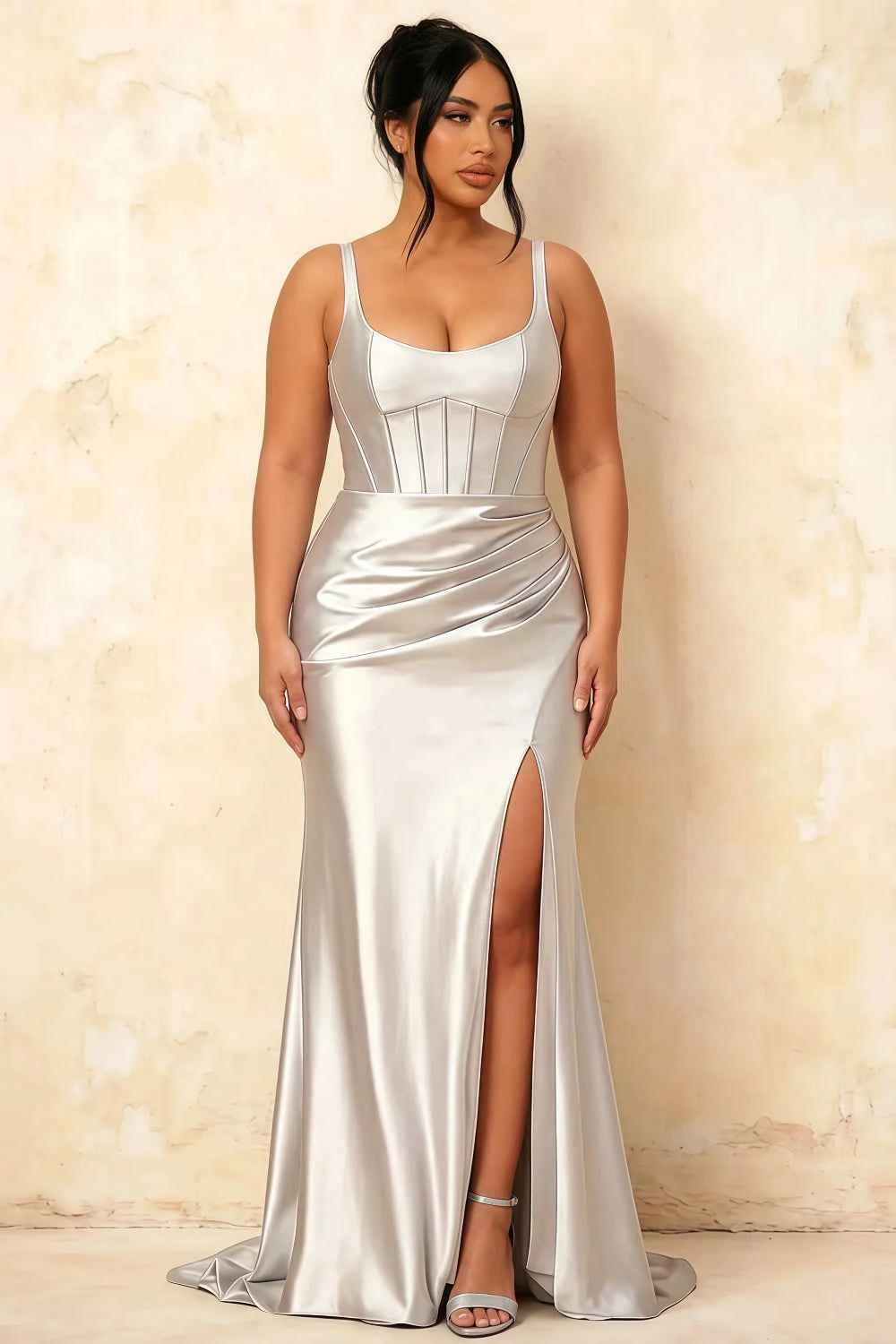 Isabella White Satin Square Neck Maxi Dress