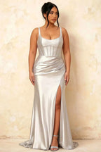 Isabella White Satin Square Neck Maxi Dress