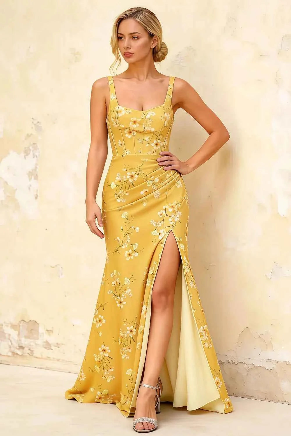 Isabella Yellow Floral Square Neck Maxi Dress
