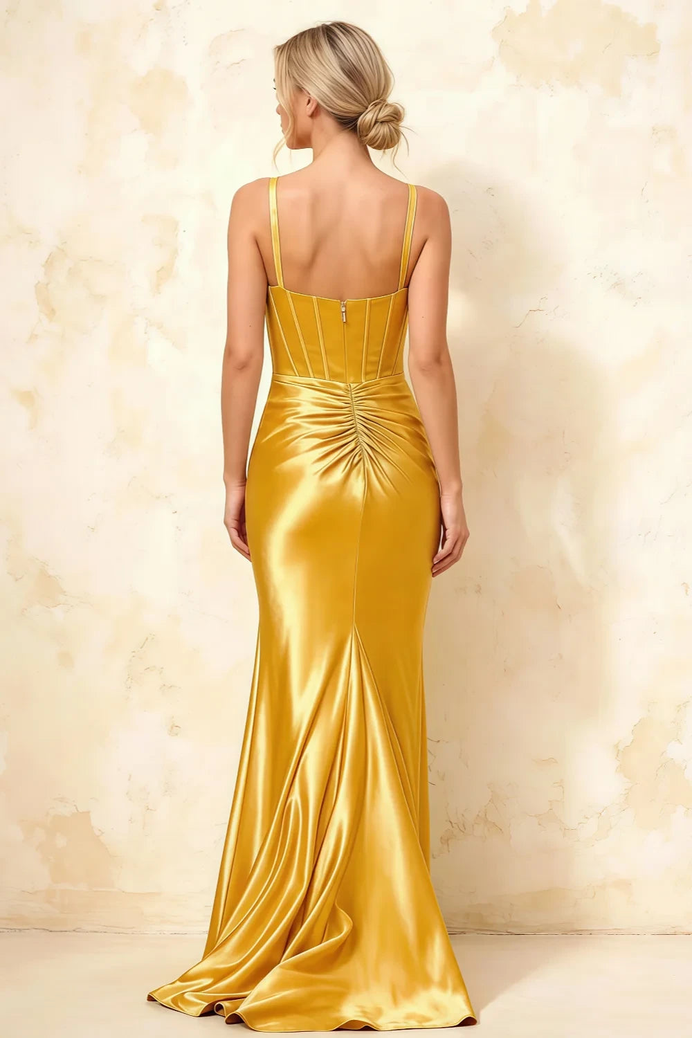 Isabella Yellow Satin Square Neck Maxi Dress