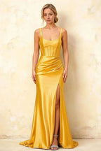 Isabella Yellow Satin Square Neck Maxi Dress