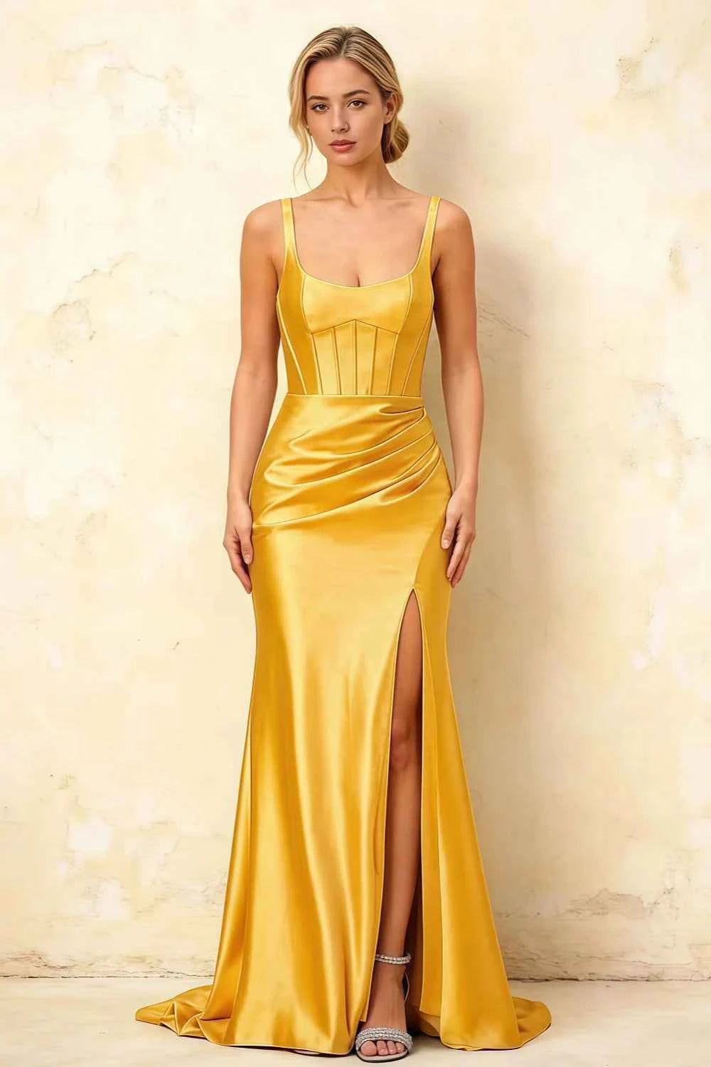 Isabella Yellow Satin Square Neck Maxi Dress