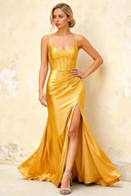 Isabella Yellow Satin Square Neck Maxi Dress