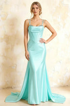 Ivy Aqua Satin Rhinestones Corset Maxi Dress