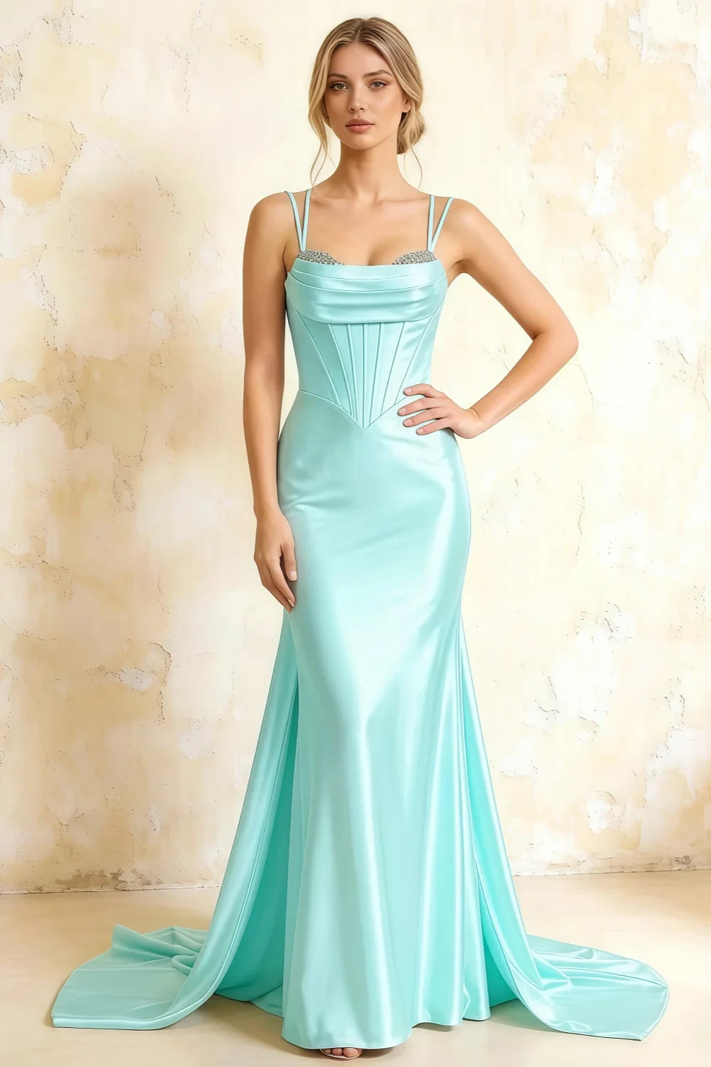Ivy Aqua Satin Rhinestones Corset Maxi Dress