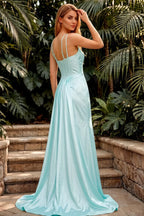 Ivy Aqua Satin Rhinestones Corset Maxi Dress