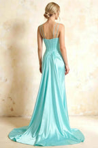Ivy Aqua Satin Rhinestones Corset Maxi Dress