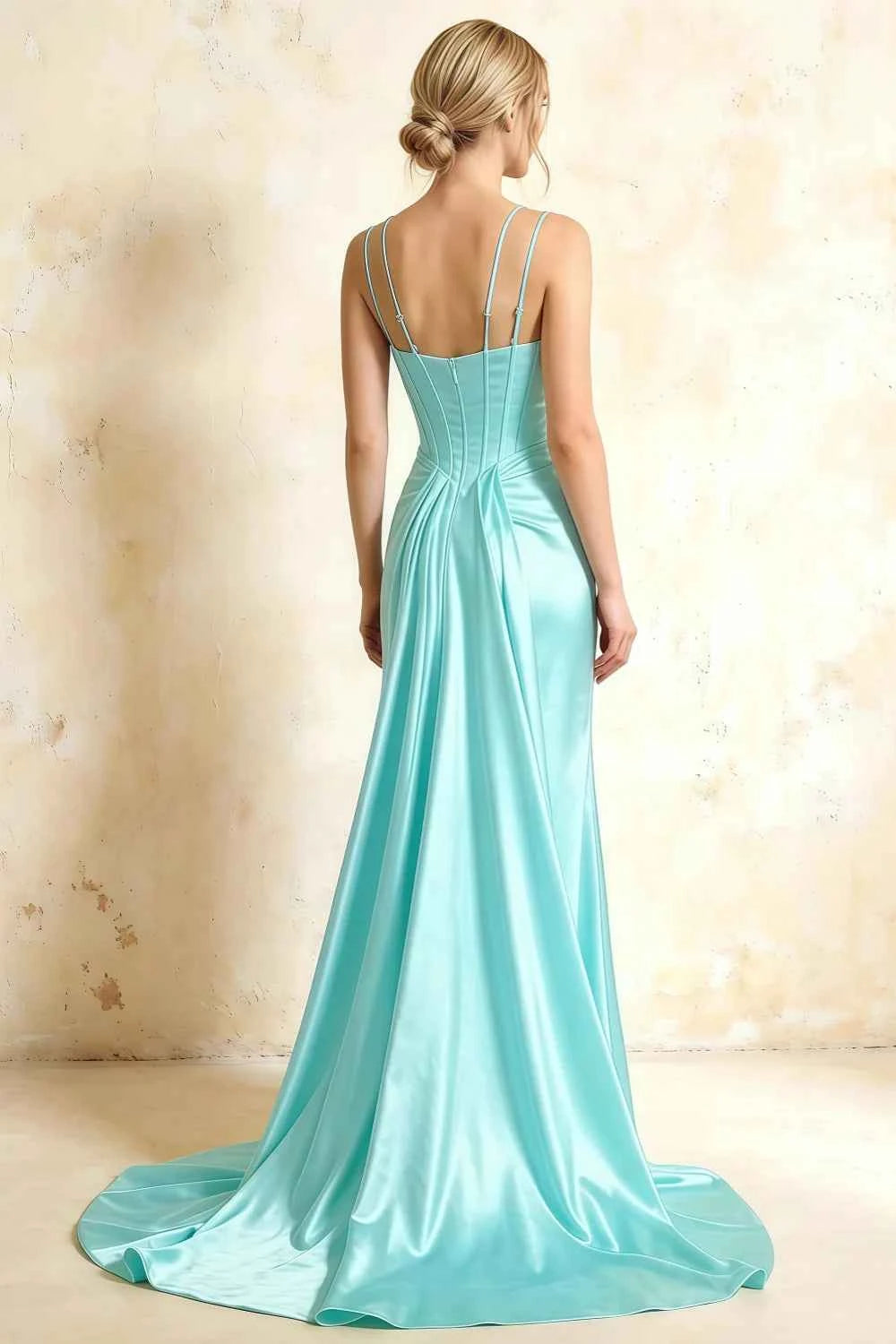 Ivy Aqua Satin Rhinestones Corset Maxi Dress