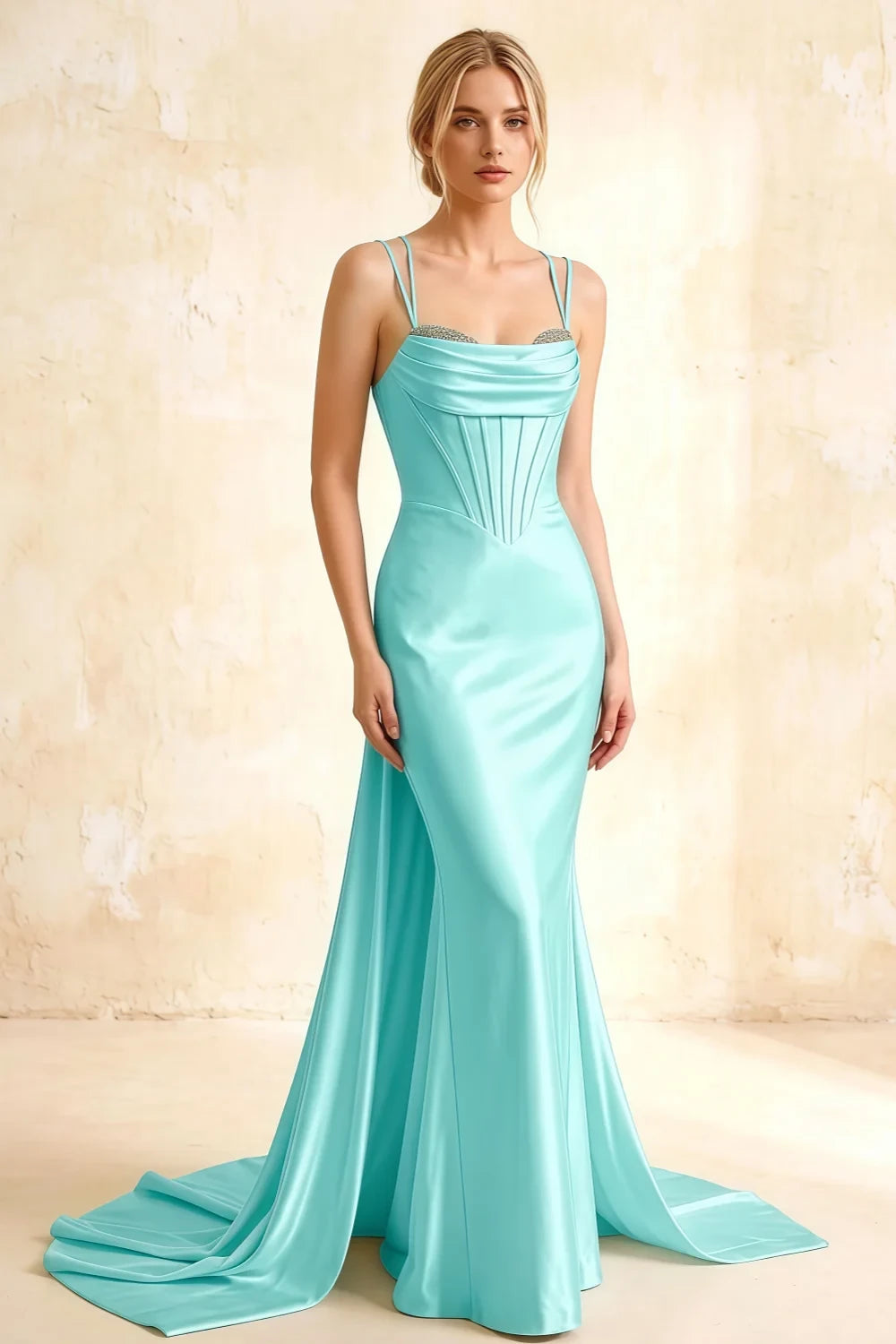 Ivy Aqua Satin Rhinestones Corset Maxi Dress