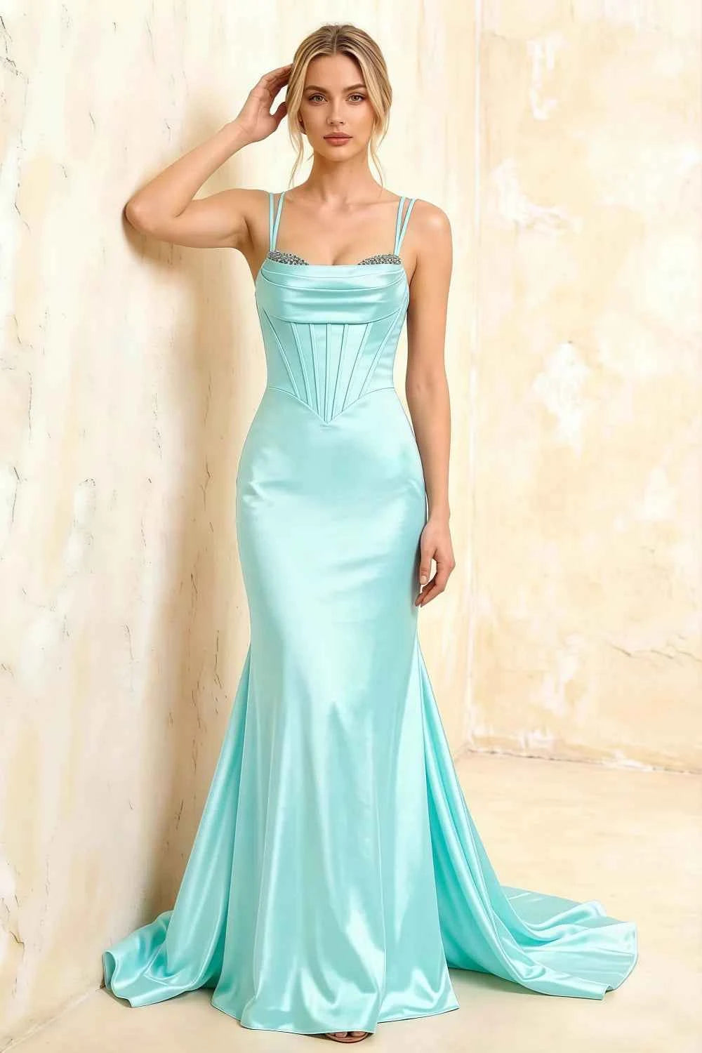 Ivy Aqua Satin Rhinestones Corset Maxi Dress
