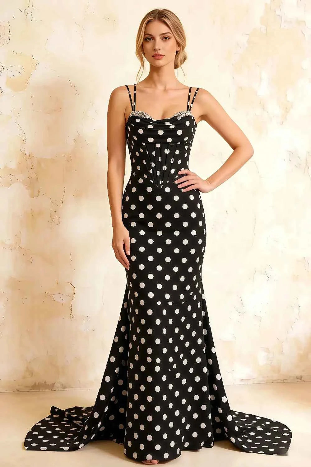 Ivy Black Polka Dot Rhinestones Corset Maxi Dress