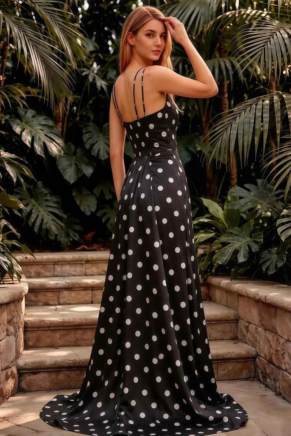 Ivy Black Polka Dot Rhinestones Corset Maxi Dress