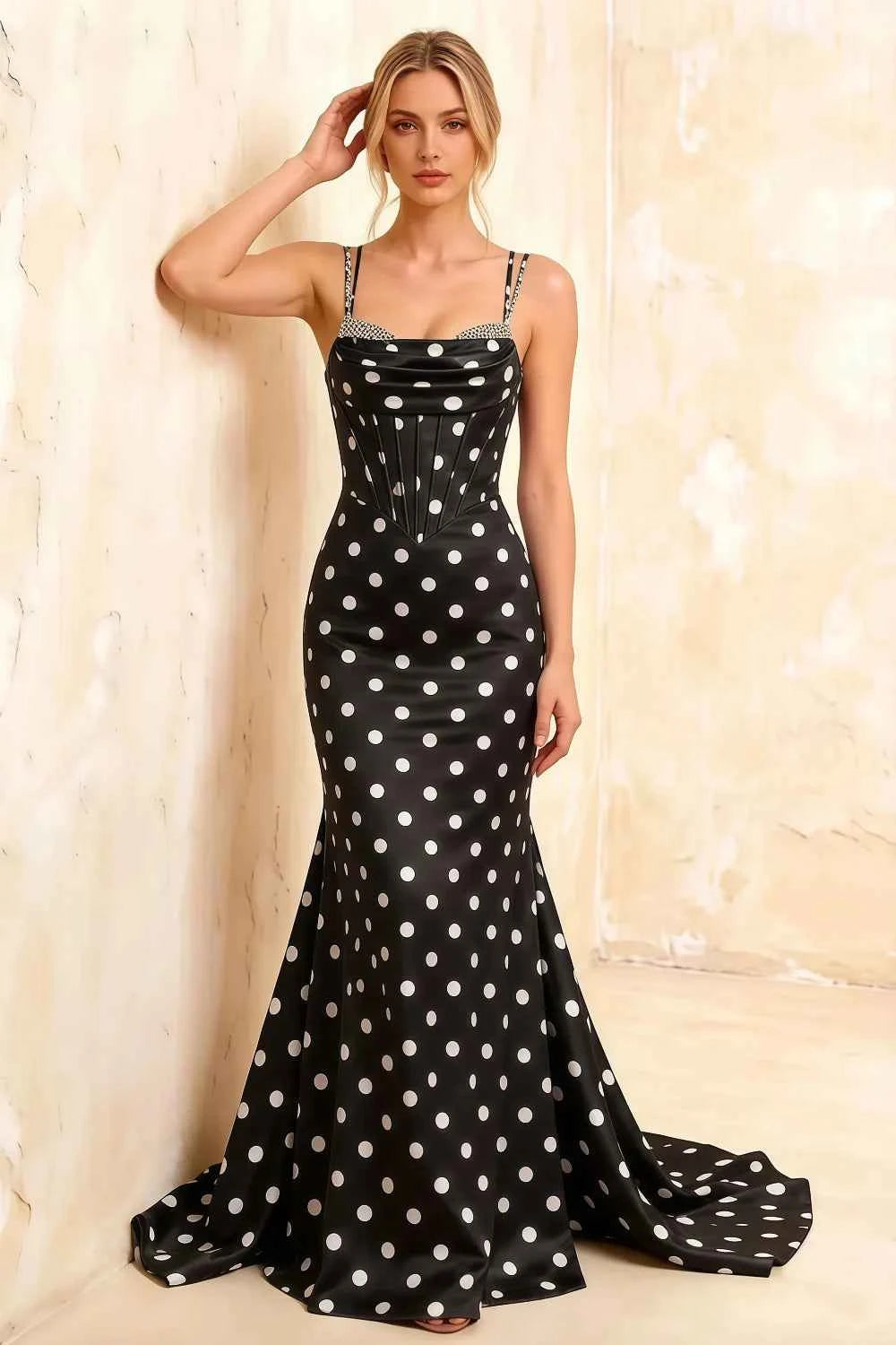 Ivy Black Polka Dot Rhinestones Corset Maxi Dress
