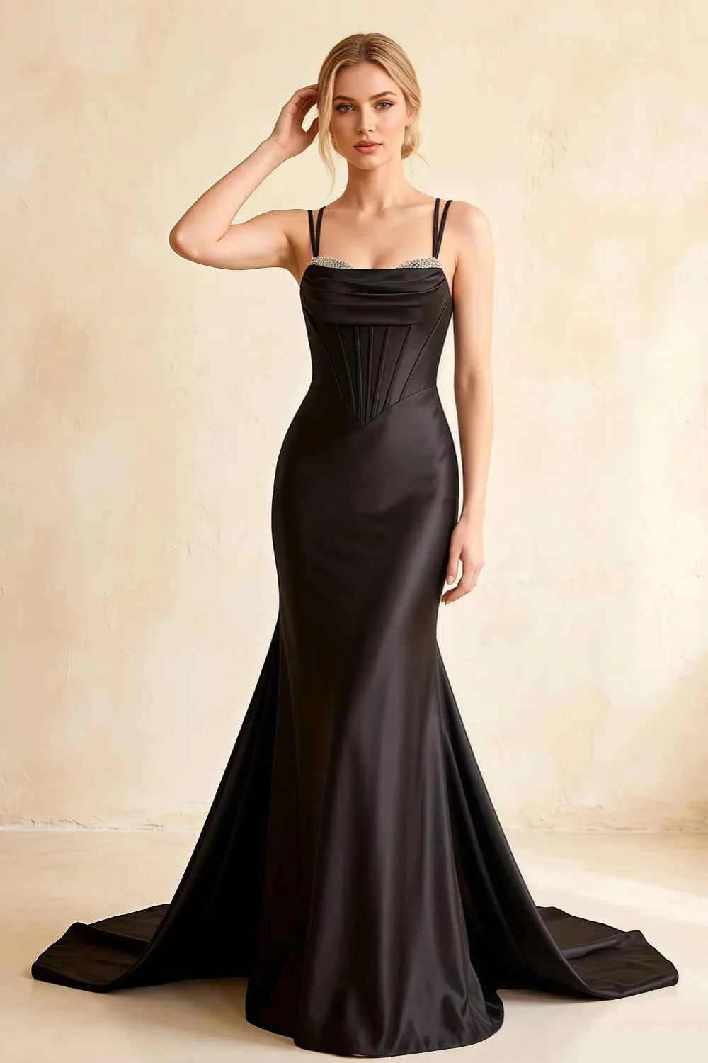 Ivy Black Satin Rhinestones Corset Maxi Dress