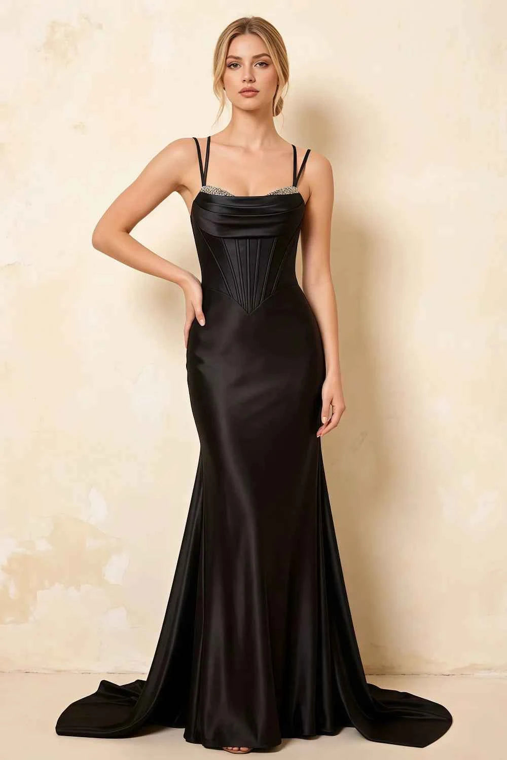 Ivy Black Satin Rhinestones Corset Maxi Dress
