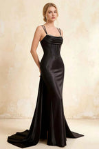 Ivy Black Satin Rhinestones Corset Maxi Dress