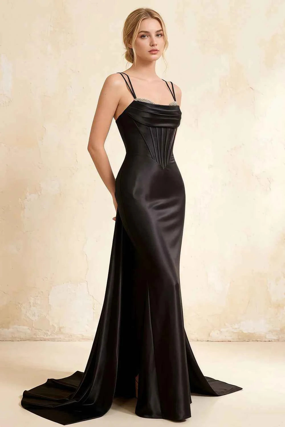 Ivy Black Satin Rhinestones Corset Maxi Dress