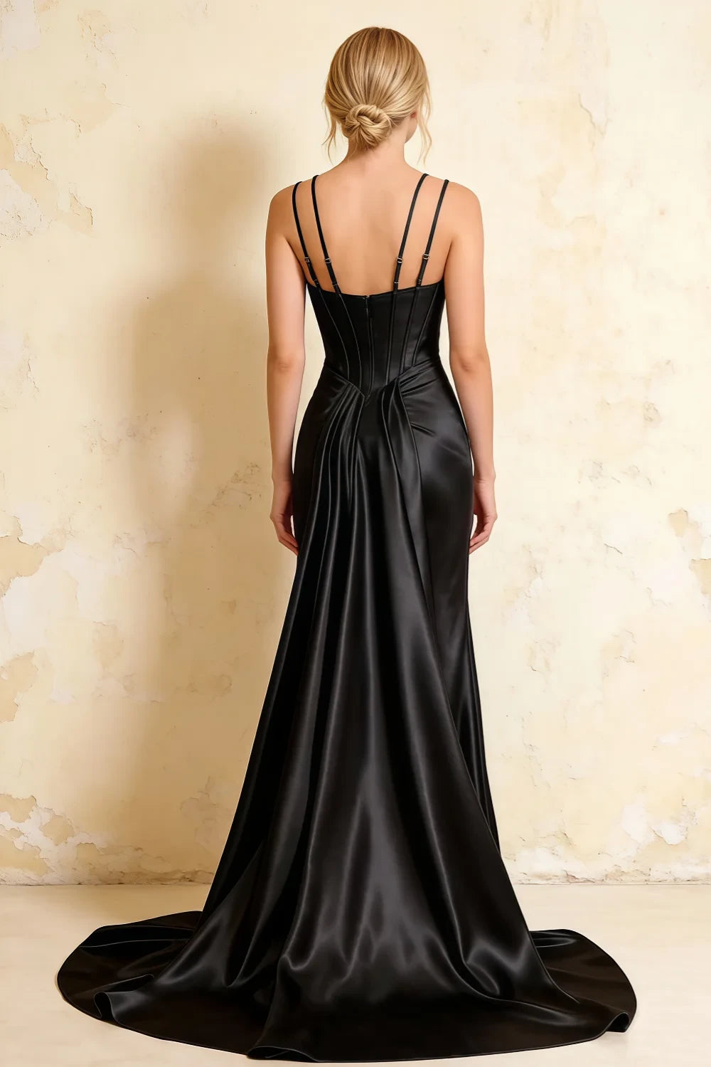 Ivy Black Satin Rhinestones Corset Maxi Dress
