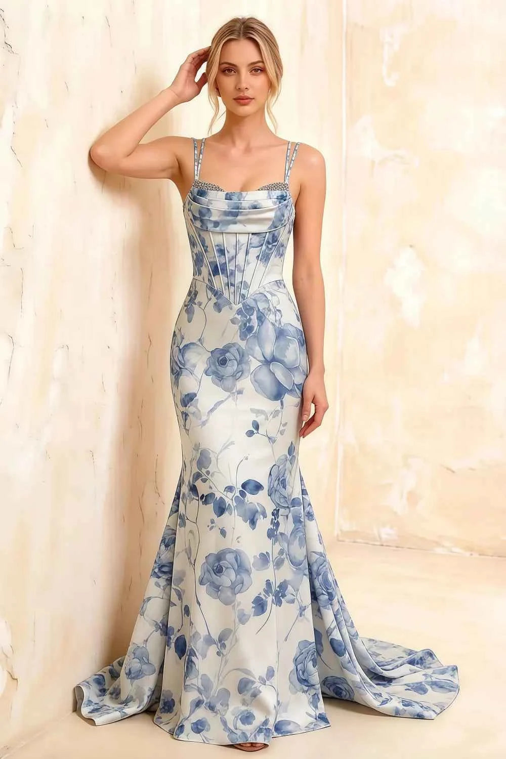 Ivy Blue and White Floral Rhinestones Corset Maxi Dress Imagen principal del producto
