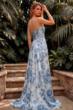 Ivy Blue and White Floral Rhinestones Corset Maxi Dress