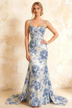 Ivy Blue and White Floral Rhinestones Corset Maxi Dress