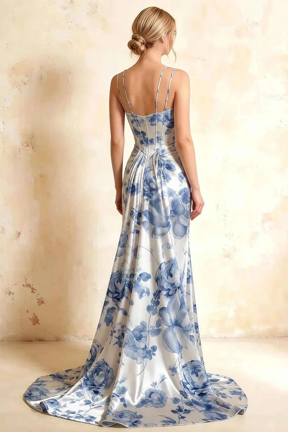 Ivy Blue and White Floral Rhinestones Corset Maxi Dress