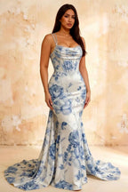 Ivy Blue and White Floral Rhinestones Corset Maxi Dress