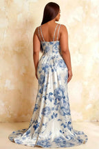 Ivy Blue and White Floral Rhinestones Corset Maxi Dress
