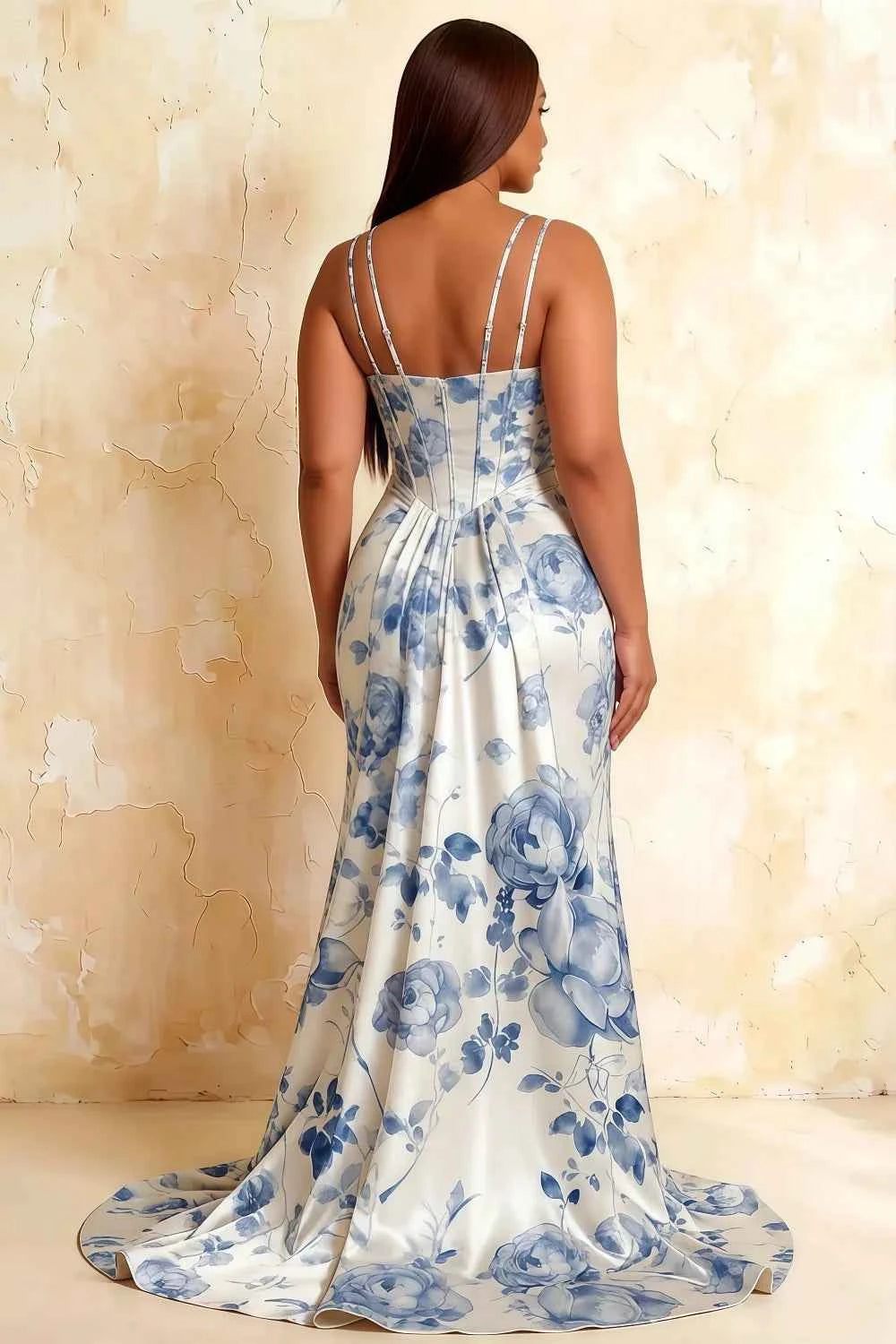 Ivy Blue and White Floral Rhinestones Corset Maxi Dress