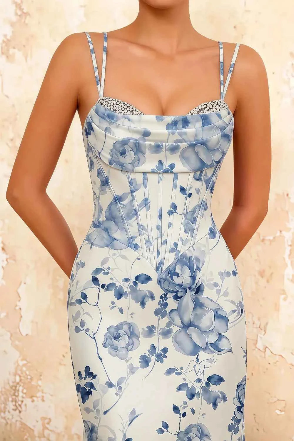 Ivy Blue and White Floral Rhinestones Corset Maxi Dress