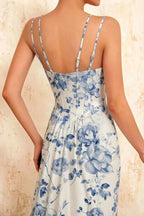 Ivy Blue and White Floral Rhinestones Corset Maxi Dress