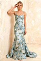 Ivy Blue Floral Rhinestones Corset Maxi Dress