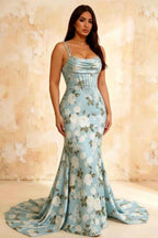 Ivy Blue Floral Rhinestones Corset Maxi Dress