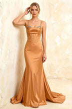 Ivy Bronze Satin Rhinestones Corset Maxi Dress