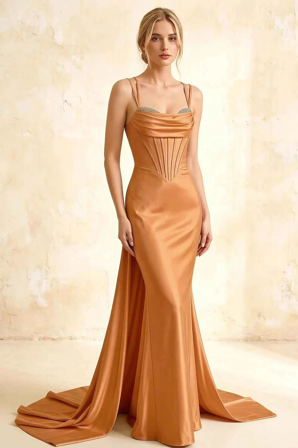 Ivy Bronze Satin Rhinestones Corset Maxi Dress