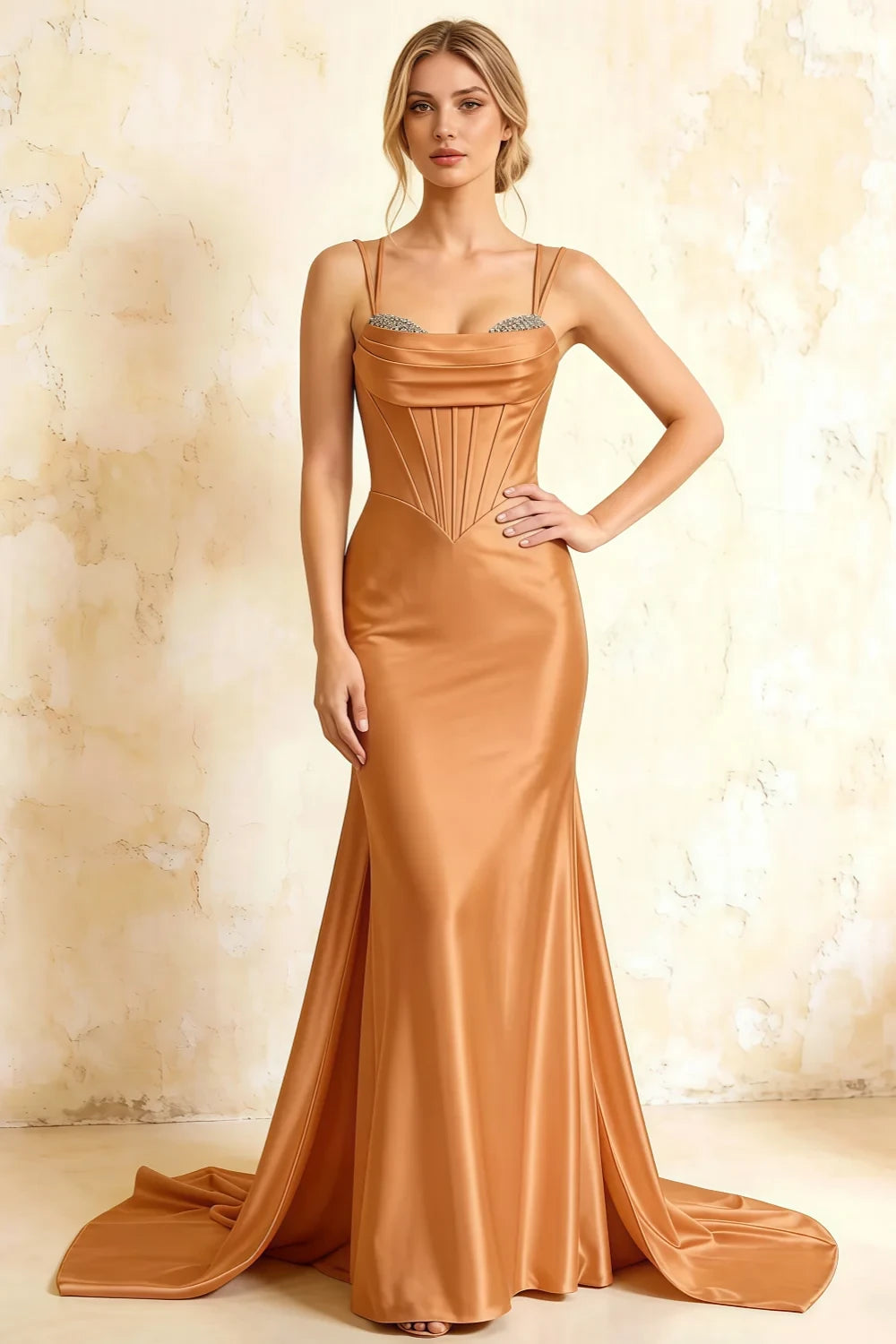 Ivy Bronze Satin Rhinestones Corset Maxi Dress