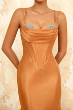 Ivy Bronze Satin Rhinestones Corset Maxi Dress