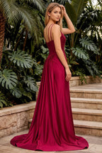 Ivy Burgundy Satin Rhinestones Corset Maxi Dress
