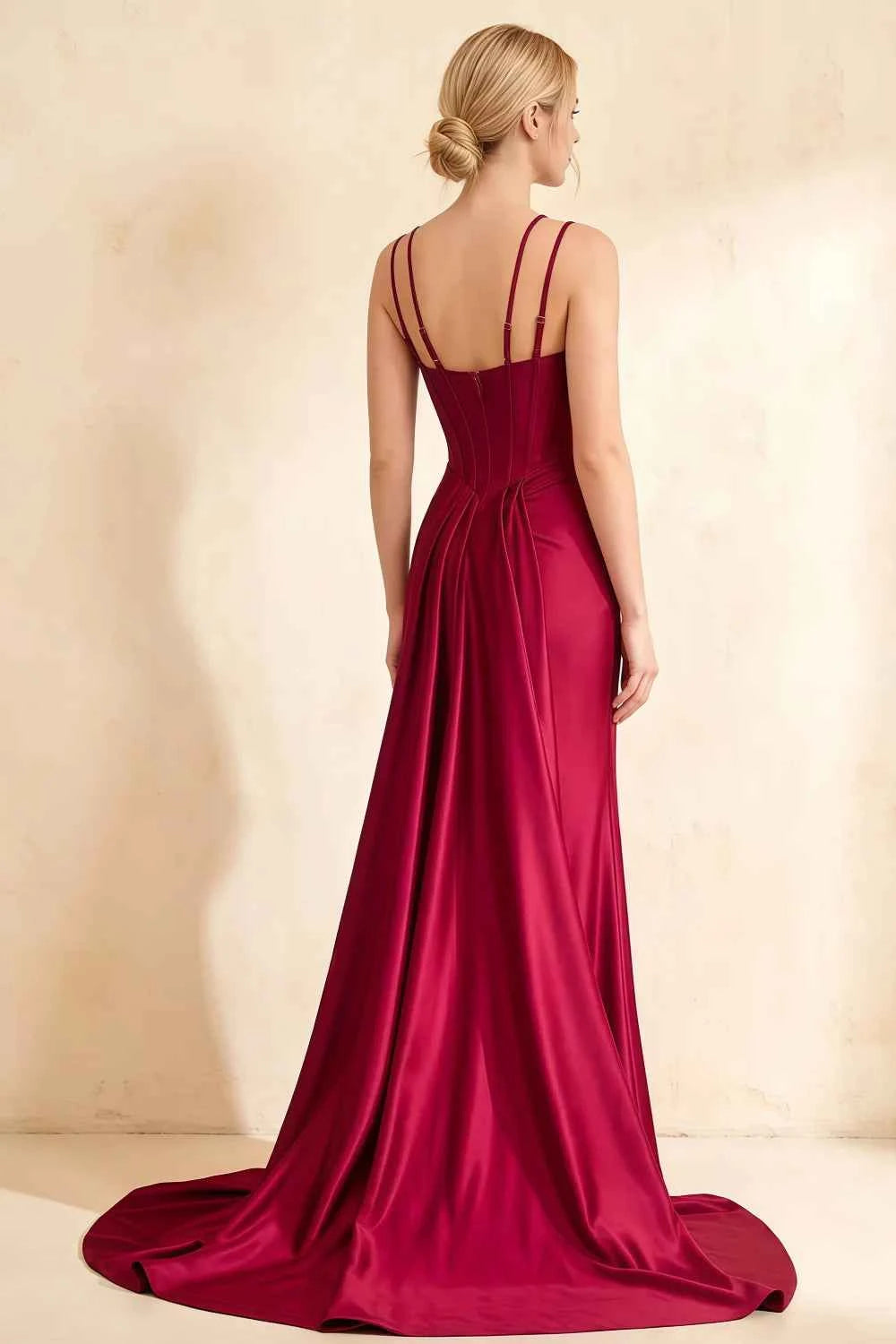Ivy Burgundy Satin Rhinestones Corset Maxi Dress