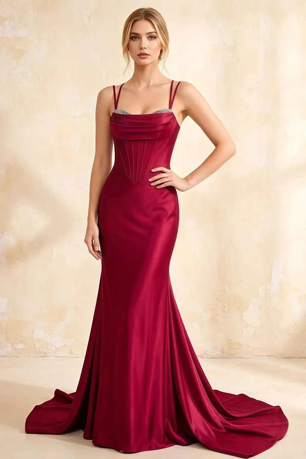 Ivy Burgundy Satin Rhinestones Corset Maxi Dress