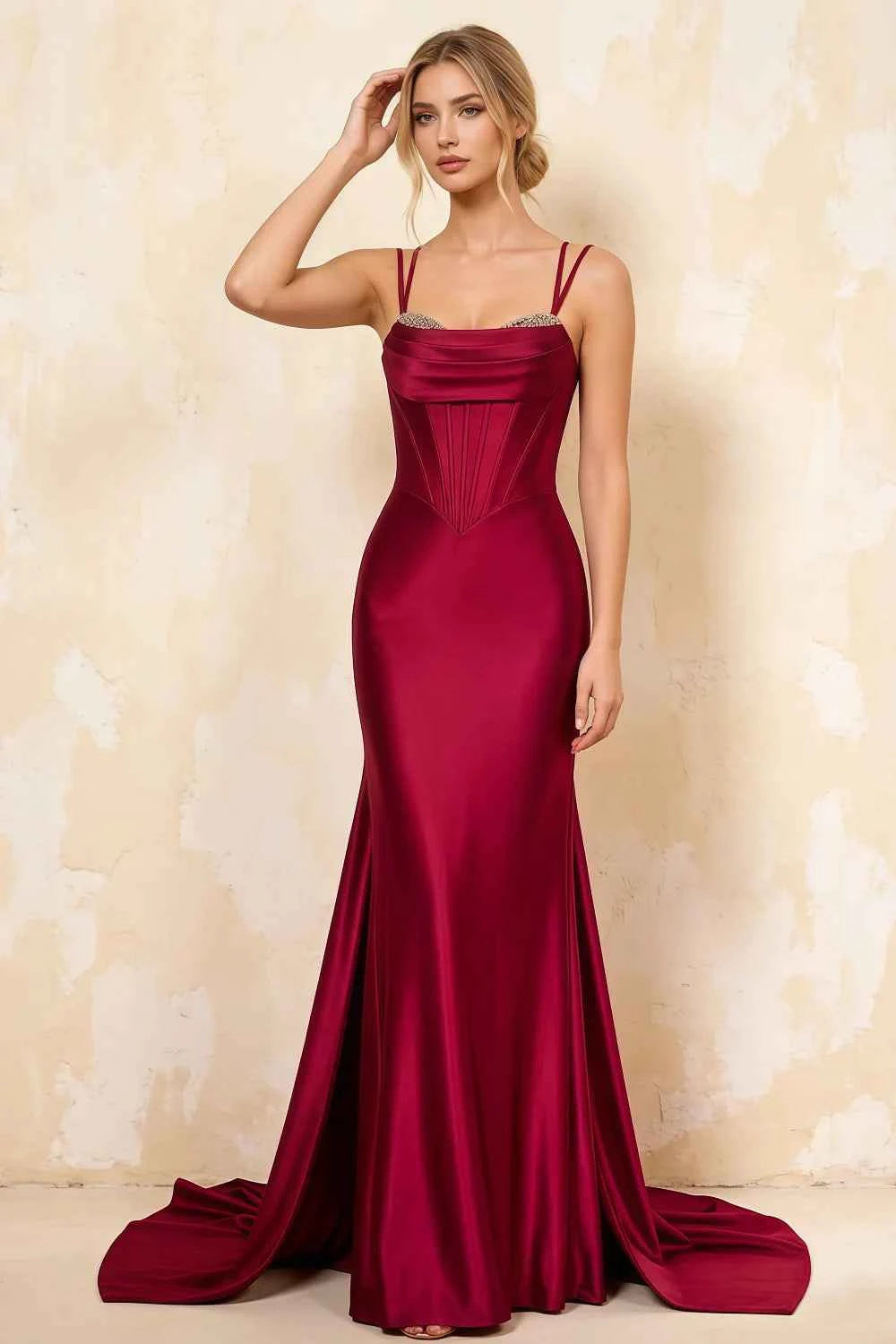 Ivy Burgundy Satin Rhinestones Corset Maxi Dress