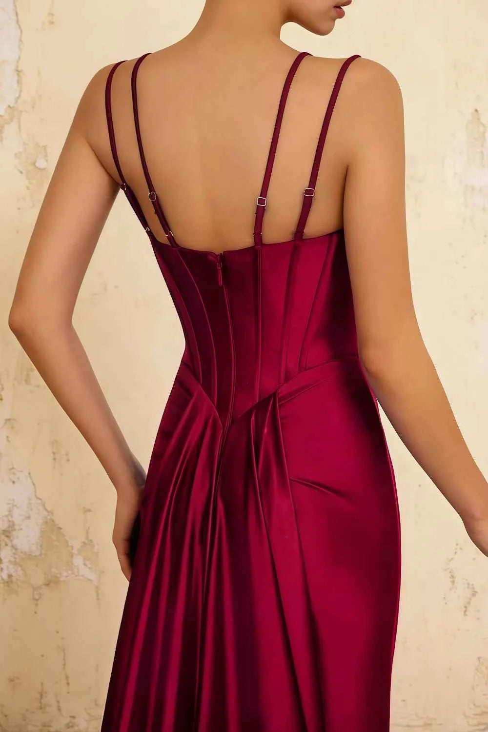 Ivy Burgundy Satin Rhinestones Corset Maxi Dress