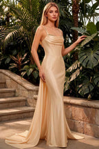 Ivy Champagne Satin Rhinestones Corset Maxi Dress
