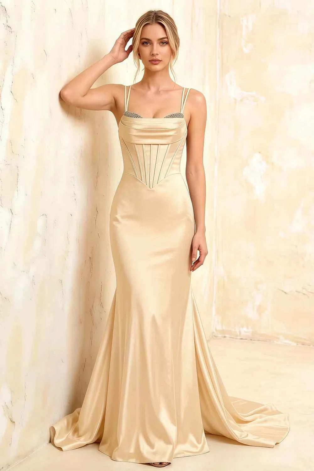 Ivy Champagne Satin Rhinestones Corset Maxi Dress