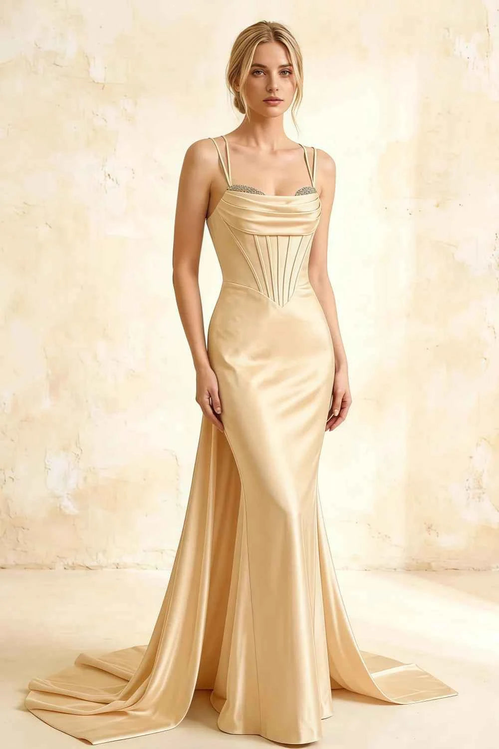 Ivy Champagne Satin Rhinestones Corset Maxi Dress