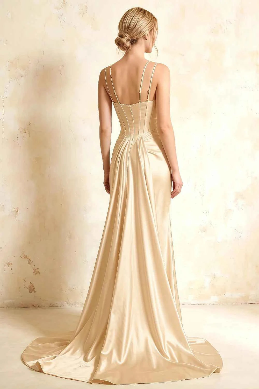 Ivy Champagne Satin Rhinestones Corset Maxi Dress