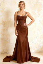 Ivy Chocolate Satin Rhinestones Corset Maxi Dress