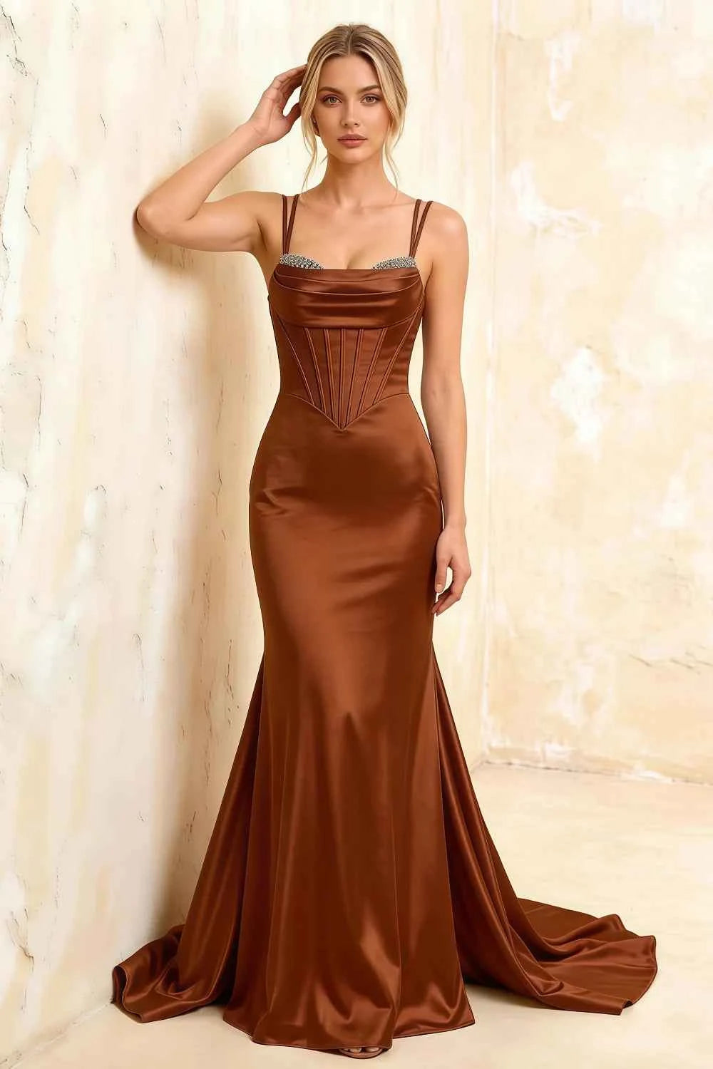 Ivy Chocolate Satin Rhinestones Corset Maxi Dress