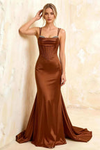 Ivy Chocolate Satin Rhinestones Corset Maxi Dress