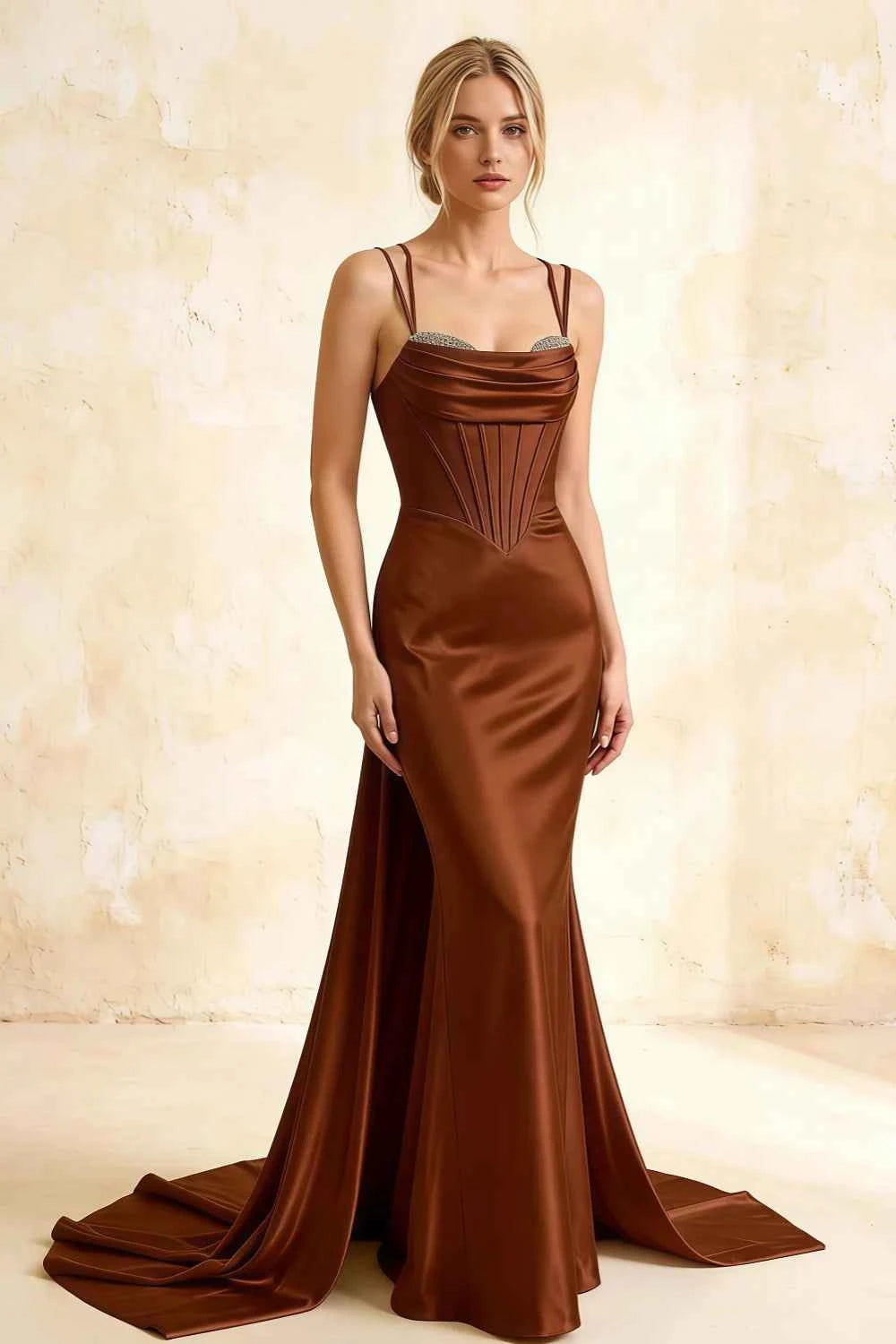 Ivy Chocolate Satin Rhinestones Corset Maxi Dress